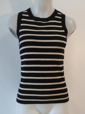 NWT Minnie Rose (Item-27) Blk Beige Stripe Cotton Cashmere Sleeveless Sweater M
